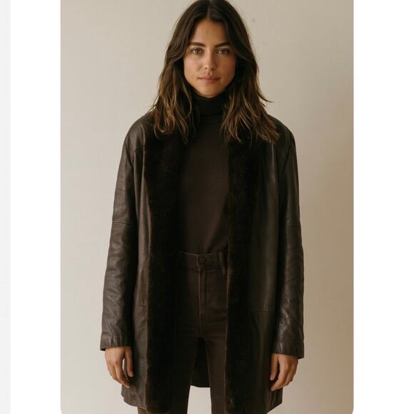 Vintage Chocolate Brown Leather Jacket With Faux Fur Shawl Trim Boho Chic - Picture 1 of 10
